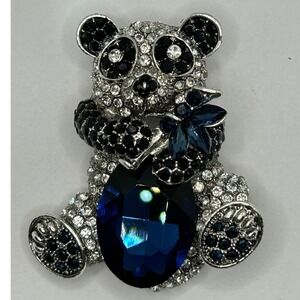 Teddy Bear Rhinestone Brooch Blue Crystal Figural Animal Statement Pin Gift Cute